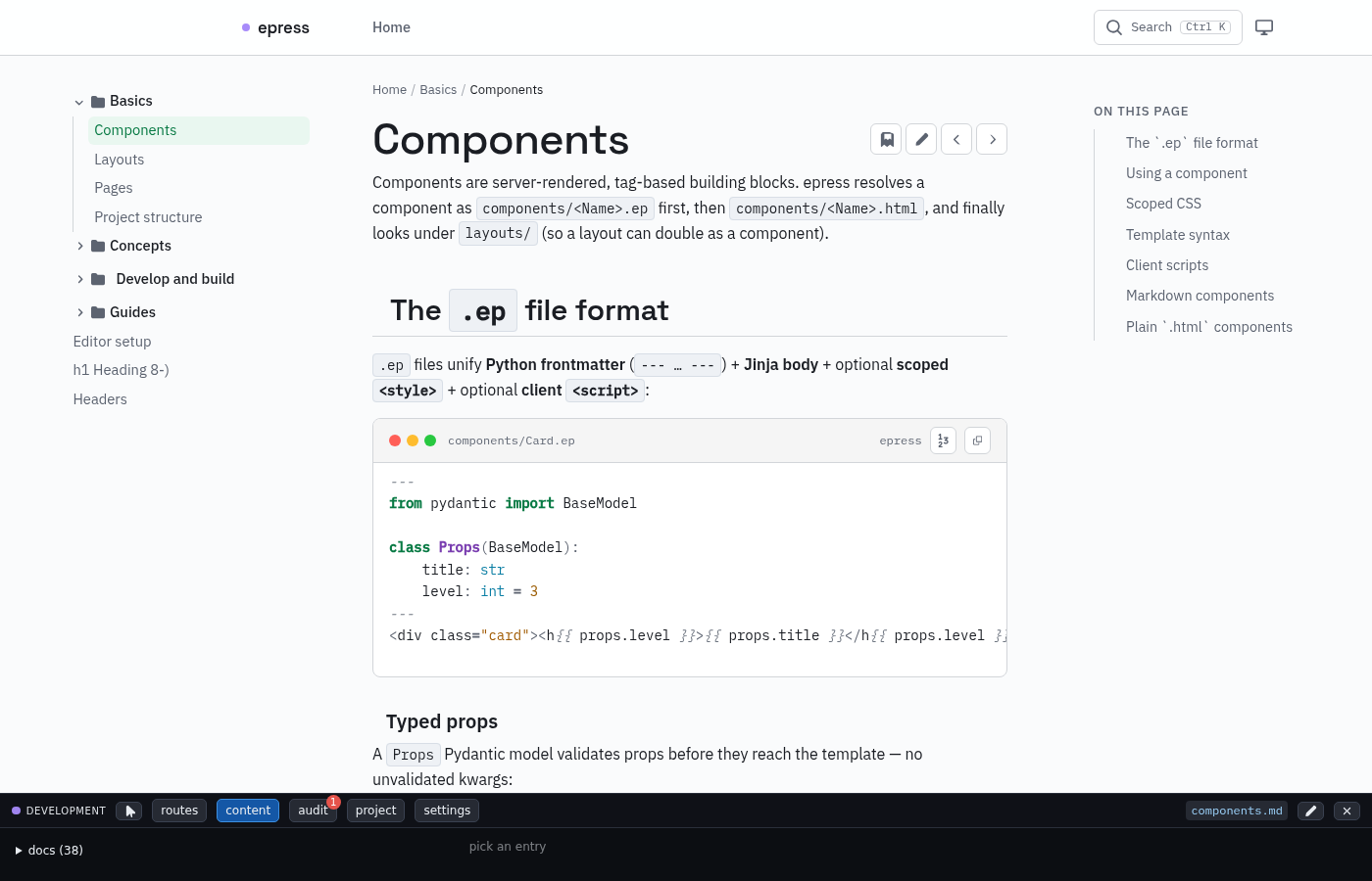 The content tab: collection explorer (left) + entry preview (right).