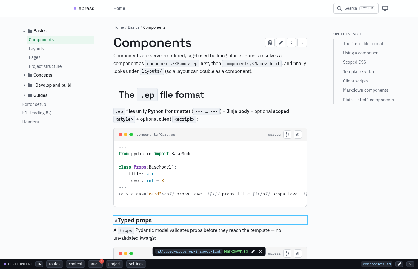 Hovering an element in inspect mode highlights it and shows its source.